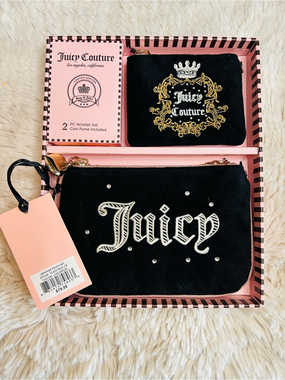 NWT Juicy Couture Heritage Pouch Set Black Velvet Wristlet & Coin Purse NIB - Picture 2 of 6